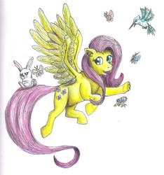Size: 1490x1591 | Tagged: safe, artist:edhelistar, angel bunny, fluttershy, hummingway, bird, butterfly, hummingbird, pegasus, pony, rabbit, g4, angel bunny is not amused, animal, female, flying, mare, simple background, traditional art, white background