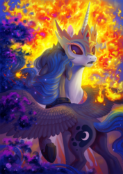 Size: 1000x1414 | Tagged: safe, artist:stasysolitude, daybreaker, princess luna, alicorn, pony, a royal problem, alternate timeline, armor, butt, crown, cute, diabreaker, duo, ethereal mane, featured image, female, fire, floppy ears, hug, jewelry, mane of fire, mare, moonbutt, neck hug, open mouth, plot, raised hoof, regalia, role reversal, royal sisters, sad, sibling love, siblings, sisterly love, sisters, spread wings, starry mane, surprised, sweet dreams fuel, tiara, wings