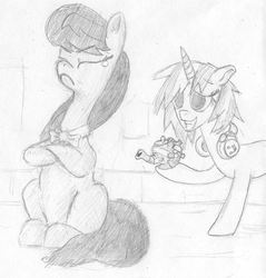 Size: 773x807 | Tagged: safe, artist:t72b, derpibooru exclusive, dj pon-3, octavia melody, vinyl scratch, earth pony, pony, unicorn, g4, crossed hooves, crying, female, headphones, mare, missing accessory, monochrome, pouting, sheepish grin, teapot, traditional art, upset