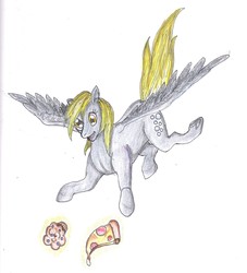 Size: 1508x1663 | Tagged: safe, artist:edhelistar, derpy hooves, pegasus, pony, g4, cheese pizza, female, flying, food, mare, muffin, pizza, simple background, solo, that pony sure does love muffins, that pony sure does love pizza, traditional art, white background
