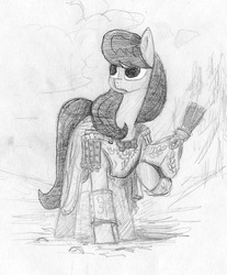 Size: 639x770 | Tagged: safe, artist:t72b, derpibooru exclusive, octavia melody, earth pony, pony, g4, armor, cloak, clothes, female, grayscale, helmet, holding, mare, monochrome, roman, solo, stern, traditional art