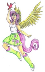 Size: 1274x2045 | Tagged: safe, artist:edhelistar, fluttershy, bird, butterfly, equestria girls, g4, armpits, arms in the air, boots, clothes, female, flying, hands in the air, high heel boots, legs, ponied up, pony ears, ponytail, raised leg, shirt, simple background, singing, skirt, sleeveless, sleeveless shirt, socks, solo, tank top, traditional art, white background, winged human, wings