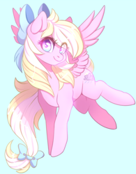 Size: 750x962 | Tagged: safe, artist:cabbage-arts, oc, oc only, oc:bay breeze, pegasus, pony, blue background, bow, female, flying, hair bow, looking at you, mare, pegasus oc, simple background, smiling, solo, tail bow