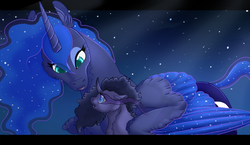 Size: 1200x694 | Tagged: safe, artist:bijutsuyoukai, princess luna, oc, oc:black lotus, pony, unicorn, g4, curved horn, female, filly, horn, mother and daughter, night, offspring, parent:good king sombra, parent:king sombra, parent:princess luna, parents:lumbra