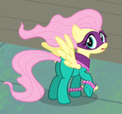 Size: 285x266 | Tagged: safe, screencap, fluttershy, saddle rager, pegasus, pony, g4, power ponies (episode), butt, cropped, female, flutterbutt, looking back, mare, open mouth, plot, power ponies, raised hoof, solo, spread wings, wings