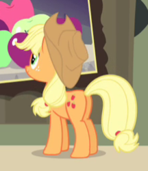 Size: 219x254 | Tagged: safe, screencap, applejack, earth pony, pony, g4, power ponies (episode), butt, cropped, female, freckles, mare, plot, solo