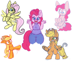Size: 1280x1067 | Tagged: safe, artist:heir-of-rick, applejack, fluttershy, pinkie pie, pony, anthro, g4, anthro with ponies, breasts, flying, gritted teeth, hoof hands, shield, silly, silly pony, simple background, sketch, sketch dump, tongue out, underhoof, weapon, white background, who's a silly pony