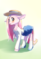 Size: 2039x2894 | Tagged: safe, artist:unousaya, pinkie pie, earth pony, pony, g4, clothes, cute, female, hat, high res, looking at you, mare, moe, pinkamena diane pie, shirt, shoes, skirt, skirt lift, smiling, socks, solo, summer dress