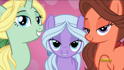 Size: 1920x1080 | Tagged: safe, screencap, dear darling, fond feather, swoon song, earth pony, pegasus, pony, unicorn, hard to say anything, background pony, bedroom eyes, bimbettes, discovery family logo, female, lidded eyes, looking at you, mare, raised hoof, seductive, smiling, trio, trio female