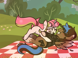 Size: 4000x3000 | Tagged: safe, oc, oc only, oc:playthrough, pegasus, pony, unicorn, clothes, controller, couple, eyes closed, feather, female, glasses, grass, hoodie, hug, male, mare, missing cutie mark, picnic, show accurate, smiling, spread wings, stallion, wings