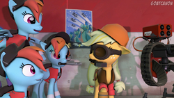 Size: 3840x2160 | Tagged: safe, artist:goatcanon, applejack, rainbow dash, pony, g4, 3d, baseball bat, clone, crossover, engiejack, engineer, engineer (tf2), high res, multeity, need a dispenser here, rainbow scout, scout (tf2), sentry, sentry gun, source filmmaker, team fortress 2, wonderbolts, wrench