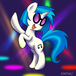 Size: 1000x1000 | Tagged: safe, artist:empyu, dj pon-3, vinyl scratch, pony, unicorn, g4, female, mare, open mouth, rave, rearing, smiling, solo, sunglasses