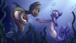 Size: 1280x720 | Tagged: safe, artist:sugaryviolet, oc, oc only, oc:daturea eventide, oc:pepper slice, bat pony, pony, asphyxiation, bubble, dolphin suit, drowning, latex, latex suit, rebreather, rubber, skintight clothes, transparent, underwater