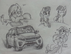 Size: 3264x2448 | Tagged: safe, artist:orang111, angel bunny, fluttershy, rainbow dash, twilight sparkle, oc, alicorn, pony, g4, car, high res, korean, land rover, land rover range rover evoque, requested art, traditional art, twilight sparkle (alicorn)