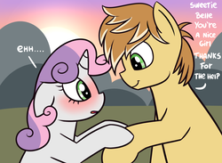 Size: 1300x950 | Tagged: dead source, safe, artist:radek1212, feather bangs, sweetie belle, pony, g4, hard to say anything, bedroom eyes, blushing, crush, dialogue, duo, female, floppy ears, looking at each other, male, shipping, smiling, straight, sunset, sweetiebangs