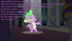 Size: 1280x720 | Tagged: safe, edit, edited screencap, screencap, spike, dragon, dungeons and discords, g4, the times they are a changeling, bob dylan, crystal empire, crystal palace, male, singing, solo, song, song reference, spotlight, the times they are a-changin