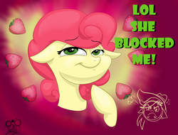 Size: 4884x3711 | Tagged: artist needed, safe, applejack, strawberry sunrise, pony, g4, honest apple, absurd resolution, angry, food, lol, red background, sassy, simple background, sketch, smug, smug wendy's, strawberry, strawberry savage, wendy's
