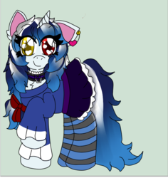 Size: 642x681 | Tagged: safe, oc, oc only, pony, bow, clothes, collar, cute, ear piercing, earring, female, gradient, heart eyes, heterochromia, jewelry, ocbetes, piercing, ponysona, redesign, shirt, simple background, skirt, skirt lift, socks, solo, stockings, striped socks, stripes, thigh highs, wingding eyes