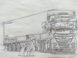Size: 3264x2448 | Tagged: safe, artist:orang111, oc, oc only, bat pony, pony, commission, fus-ro-dah, high res, mercedes-benz, mercedes-benz actros, semi truck, traditional art, truck, truck driver