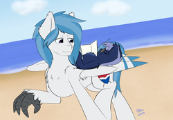 Size: 2048x1425 | Tagged: safe, artist:penn-name, oc, oc only, oc:delta dart, oc:shaddie quindecim, bat pony, hippogriff, pony, beach, chest fluff, ocean, ponies riding ponies, riding, size difference, sunbathing, sunglasses, talons, water