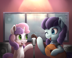 Size: 949x773 | Tagged: safe, artist:vanillaghosties, coloratura, sweetie belle, earth pony, pony, unicorn, g4, duo, female, filly, guitar, looking at each other, mare, microphone, musical instrument, singing, smiling