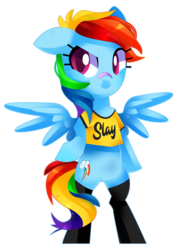 Size: 3215x4500 | Tagged: safe, artist:sorasku, rainbow dash, pegasus, pony, g4, bandage, clothes, colored pupils, cute, dashabetes, female, high res, mare, multicolored hair, shirt, simple background, smiling, solo, spread wings, stockings, thigh highs, transparent background, wings