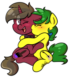 Size: 2043x2248 | Tagged: safe, artist:befishproductions, oc, oc only, oc:lemon twist, oc:willow, pony, cheek kiss, female, high res, kissing, lesbian, oc x oc, shipping, signature, simple background, transparent background