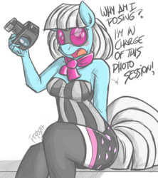 Size: 1067x1200 | Tagged: safe, artist:flutterthrash, photo finish, earth pony, anthro, g4, blushing, camera, clothes, dialogue, female, looking at you, open mouth, simple background, socks, solo, thigh highs, white background