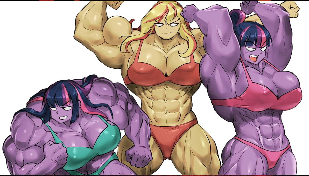 1447757 - suggestive, artist:gao-lukchup, edit, sci-twi, sunset shimmer,  twilight sparkle, comic:the amazonian effect, equestria girls, g4, abs,  armpits, biceps, big breasts, bikini, blank eyes, bra, breasts, busty  sunset shimmer, busty twilight sparkle,
