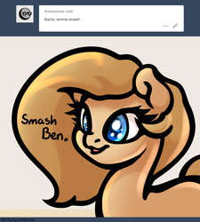 Size: 1280x1420 | Tagged: safe, artist:slavedemorto, oc, oc only, oc:backy, pony, ask, dialogue, lemme smash, meme, simple background, solo, tumblr, white background