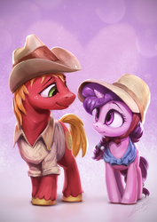 Size: 1020x1440 | Tagged: safe, artist:assasinmonkey, big macintosh, sugar belle, earth pony, pony, g4, hard to say anything, clothes, female, front knot midriff, hat, looking at each other, male, mare, ship:sugarmac, shipping, stallion, straight