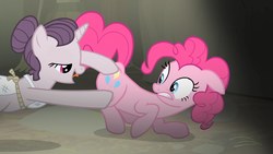 Size: 1920x1080 | Tagged: safe, screencap, pinkie pie, sugar belle, pony, g4, the cutie map, butt touch, equalized, hoof on butt, non-consensual butt fondling, out of context, personal space invasion