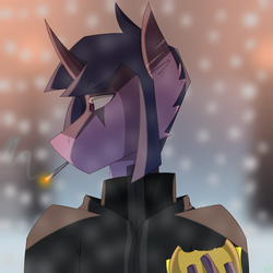 Size: 2000x2000 | Tagged: safe, artist:moonakart13, artist:moonaknight13, twilight sparkle, oc, oc:twilight night, anthro, g4, burger, cigarette, clothes, female, food, high res, lighting, markings, shading, short hair, smoking, snow, snowfall, solo, street lights, village, winter, winter outfit