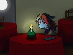 Size: 2400x1800 | Tagged: safe, artist:pony quarantine, rainbow dash, pegasus, pony, g4, alternate hairstyle, candle, chair, clothes, crying, female, lipstick, mare, rejection, restaurant, sad, shipping denied, solo, table