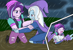 Size: 3800x2600 | Tagged: safe, artist:jolliapplegirl, starlight glimmer, trixie, equestria girls, g4, best friends, boots, cape, chibi, clothes, dirty, duo, fall formal outfits, female, hat, high heel boots, high res, legs, mud, muddy, pants, playing, rain, ripped pants, skirt, smiling, torn clothes, trixie's cape, trixie's hat, vest