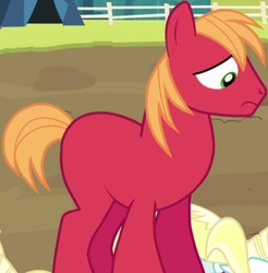 Size: 640x650 | Tagged: safe, edit, edited screencap, screencap, big macintosh, earth pony, pony, brotherhooves social, g4, cute, macabetes, male, missing accessory, missing cutie mark, missing freckles, red, sad, solo, stallion