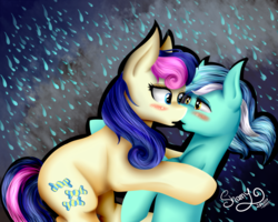 Size: 1280x1024 | Tagged: safe, artist:shamy-crist, bon bon, lyra heartstrings, sweetie drops, earth pony, pony, unicorn, g4, blushing, female, imminent kissing, lesbian, rain, ship:lyrabon, shipping