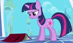 Size: 1025x598 | Tagged: safe, screencap, twilight sparkle, pony, unicorn, friendship is magic, g4, season 1, angry face, book, canterlot, cropped, female, mare, serious, serious face, solo, unicorn twilight