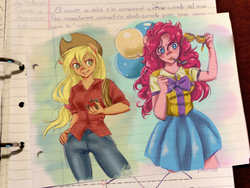 Size: 4608x3456 | Tagged: safe, artist:kyotoxart, applejack, pinkie pie, anthro, g4, apple, balloon, clothes, cowboy hat, duo, female, food, fruit, hat, high res, lined paper, pants, pony ears, stetson, traditional art