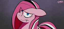 Size: 1280x600 | Tagged: safe, artist:tomazii7, pinkie pie, earth pony, pony, g4, 30 minute art challenge, fangs, female, floppy ears, gothic pinkie, looking at you, pinkamena diane pie, solo