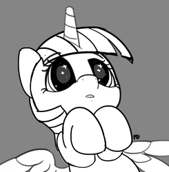 Size: 1280x1307 | Tagged: safe, artist:pabbley, twilight sparkle, alicorn, pony, g4, 30 minute art challenge, cute, female, gray background, hooves to the chest, monochrome, on back, pabbley is trying to murder us, simple background, solo, starry eyes, twiabetes, twilight sparkle (alicorn), wingding eyes