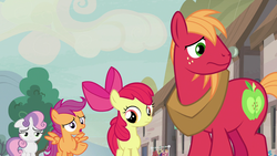 Size: 1920x1080 | Tagged: safe, screencap, apple bloom, big macintosh, scootaloo, sweetie belle, earth pony, pegasus, pony, unicorn, g4, hard to say anything, cutie mark crusaders, female, filly, foal, lidded eyes, male, our town, stallion