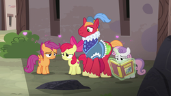 Size: 1920x1080 | Tagged: safe, screencap, apple bloom, big macintosh, scootaloo, sweetie belle, earth pony, pony, g4, hard to say anything, cutie mark crusaders, dressup, heart, lidded eyes, male, prince outfit, ruff (clothing), stallion, unnamed character, unnamed pony