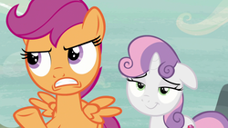 Size: 1920x1080 | Tagged: safe, screencap, scootaloo, sweetie belle, pony, g4, hard to say anything, lidded eyes