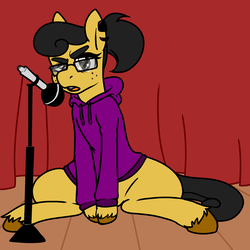 Size: 2276x2273 | Tagged: safe, artist:/d/non, oc, oc only, oc:grumpy mare, pony, clothes, curtains, female, freckles, glasses, high res, hoodie, microphone, piercing, sitting, solo, stage, unshorn fetlocks