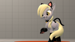Size: 1024x576 | Tagged: safe, artist:violetdesignstudios, derpy hooves, pony, g4, 3d, animal costume, bell, bell collar, cat bell, cat costume, cat ears, clothes, collar, costume, fake tail, female, raised hoof, solo