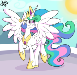 Size: 2227x2158 | Tagged: safe, artist:chrissie-boo, princess celestia, alicorn, pony, g4, crown, female, high res, jewelry, peytral, raised hoof, regalia, solo, spread wings, sun, wings