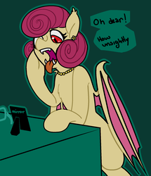 Size: 1450x1683 | Tagged: safe, artist:/d/non, posey shy, bat pony, pony, vampony, g4, 30 minute art challenge, bat ponified, chest fluff, dialogue, fangs, female, glasses, jewelry, mrs. batshy, open mouth, race swap, solo, tongue out