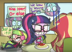 Size: 1280x928 | Tagged: safe, artist:psychodiamondstar, lemon zest, sci-twi, sour sweet, sunny flare, sunset shimmer, twilight sparkle, equestria girls, friendship games, g4, blushing, clothes, date, female, food, grin, just do it, lemon the shipper, lesbian, nervous, nervous smile, now kiss, or else, pasta, ship:sci-twishimmer, ship:sunsetsparkle, shipper on deck, shipping, sign, smiling, sour the shipper, spaghetti, sunny the shipper, table, window