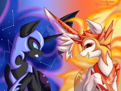 Size: 1024x768 | Tagged: dead source, safe, artist:foxcarp, daybreaker, nightmare moon, alicorn, pony, a royal problem, g4, armor, duo, duo female, female, looking at each other, mare, open mouth, siblings, sisters